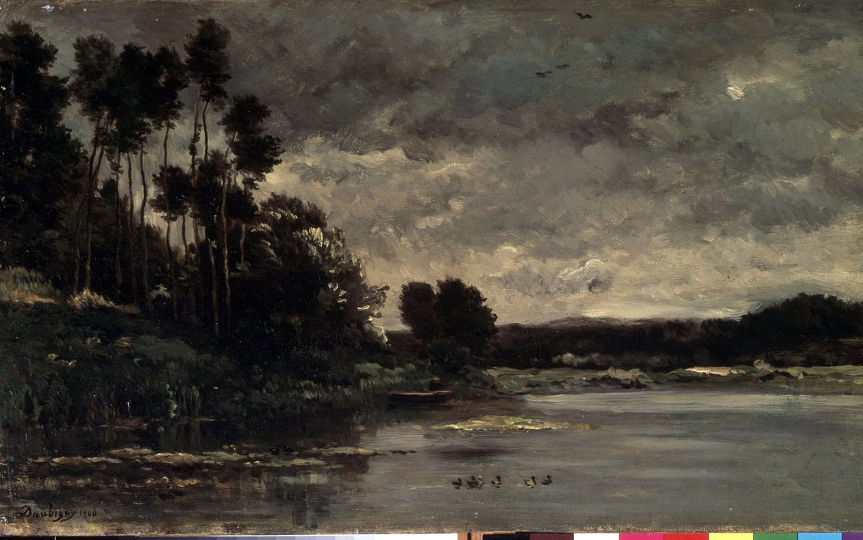 ""joen rannat"" (River Bank) Charles Francois Daubignyn (1817-1878) maalaus 1866 Koko 26x460 cm Eremitaaši, Pietari (Pietari) tekijältä Charles Francois Daubigny