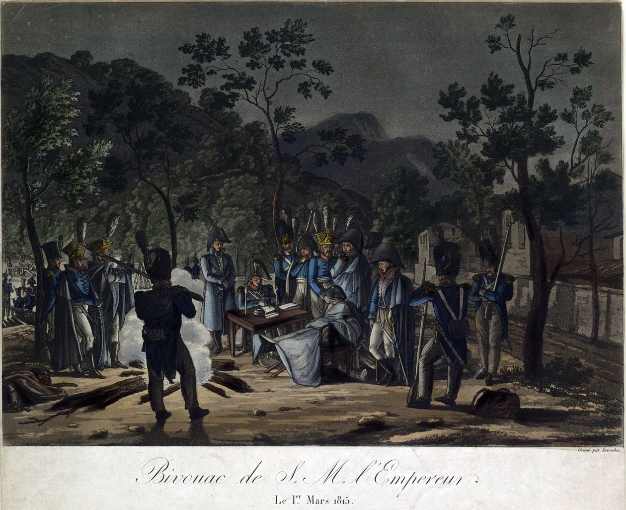 Napoleonin paluu Elbasta. Napoleonin bivouac Golfe-Juanissa 1. maaliskuuta 1815 - Levachez, Charles Francois Gabriel (aktiivinen 1760-1820) - 1815 - Akvatinta - 29,5x30 - Yksityinen kokoelma tekijältä Charles Francois Gabriel Levachez