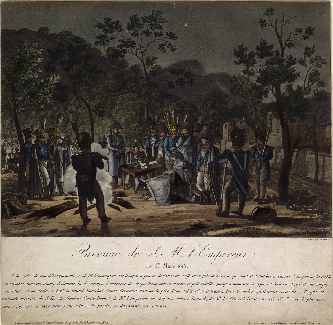 Napoleonin paluu Elbasta. Napoleons Bivouac Golfe-Juanissa 1. maaliskuuta 1815 1815 tekijältä Charles Francois Gabriel Levachez