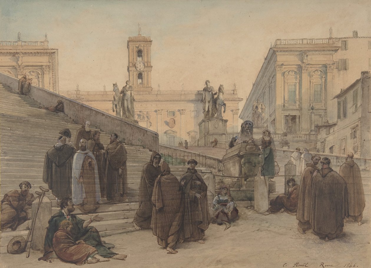 Campidoglio nähtynä Rooman Aracoelin kirkon portaista auringonlaskun aikaan 1846. tekijältä Charles Francois Houel
