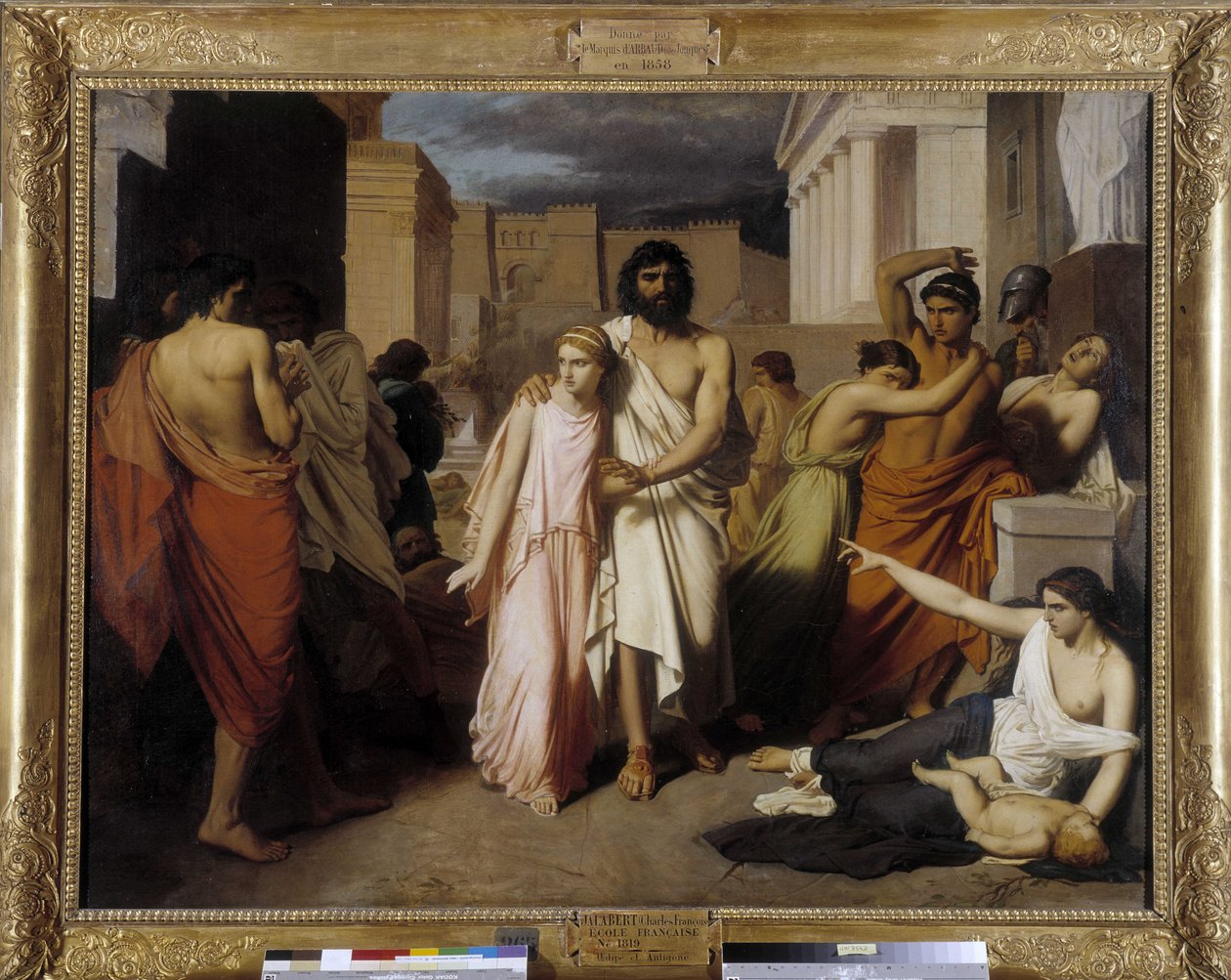 Oidipus ja Antigone sanovat myös "Theban rutto". Oidipus pakenee asukkaiden kirousta tekijältä Charles François Jalabert