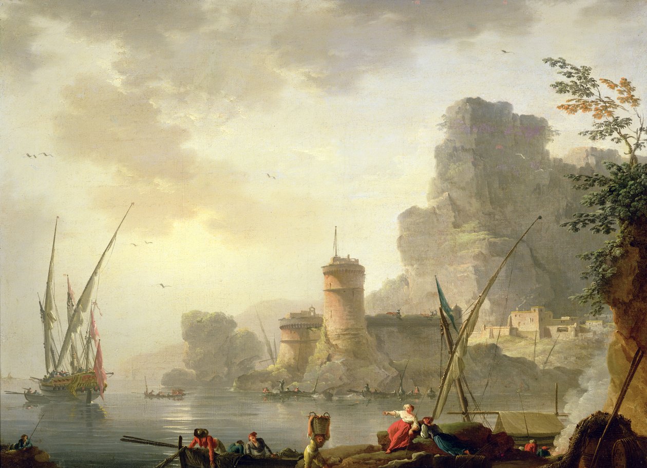Välimerellinen satamakohtaus auringonlaskun aikaan tekijältä Charles Francois Lacroix de Marseille