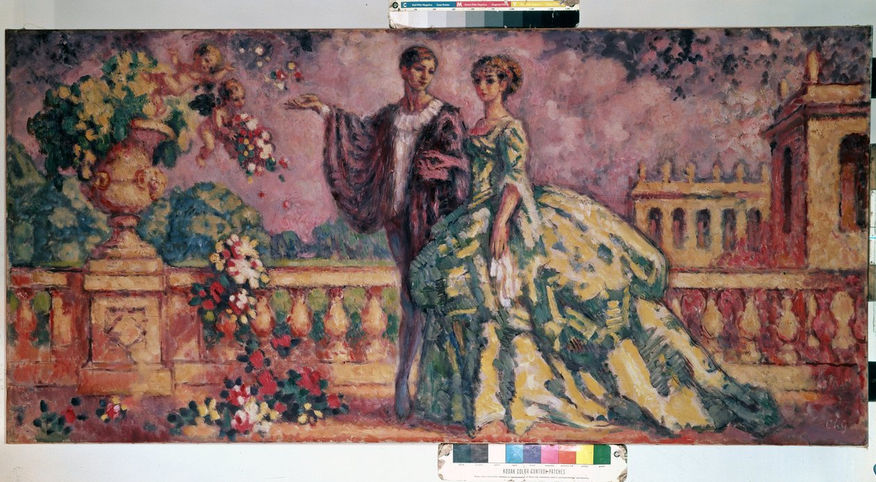 ""La promenade"" (kävely) Galantti kohtaus, joka edustaa pariskuntaa (1800-luvulla), joka kävelee puiston kujalla. Charles Guerinin (1875-1939) maalaus 1911 Mitat 73,4x92,3 cm Eremitaaši, Pietari (Pietari) DR tekijältä Charles Francois Prosper Guerin