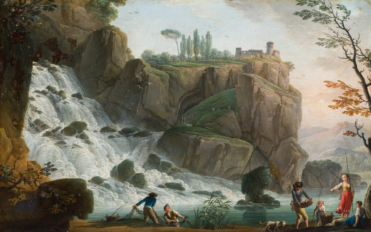 Kalliomaisema, jossa on hahmoja vesiputouksen äärellä (öljy kankaalle) tekijältä Charles François Grenier de (attr.to) Lacroix