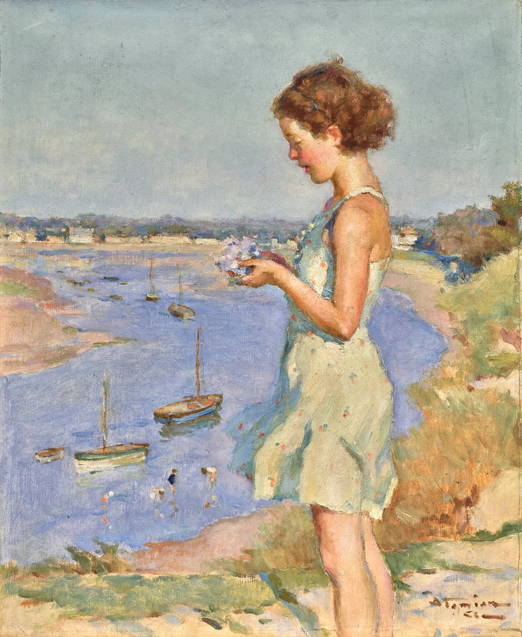 Nuori tyttö sinisen hortensian kanssa, Saint-Gilles-Croix-de-Vie tekijältä Charles Garabed Atamian