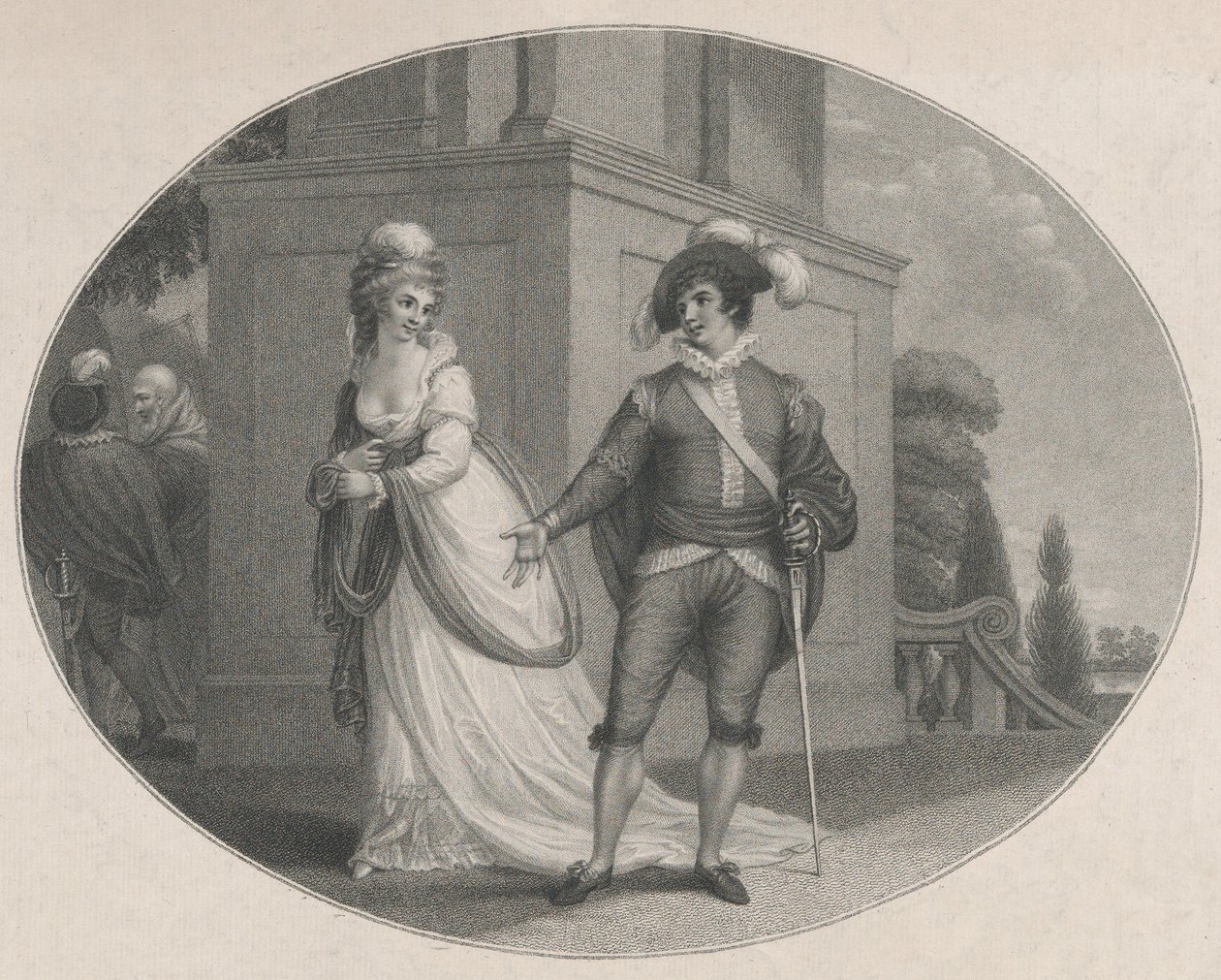 Beatrice ja Benedick Shakespeare, Paljon melua tyhjästä, näytös 4, kohtaus 1, Au..., 12. elokuuta 1784. tekijältä Charles Gauthier Playter