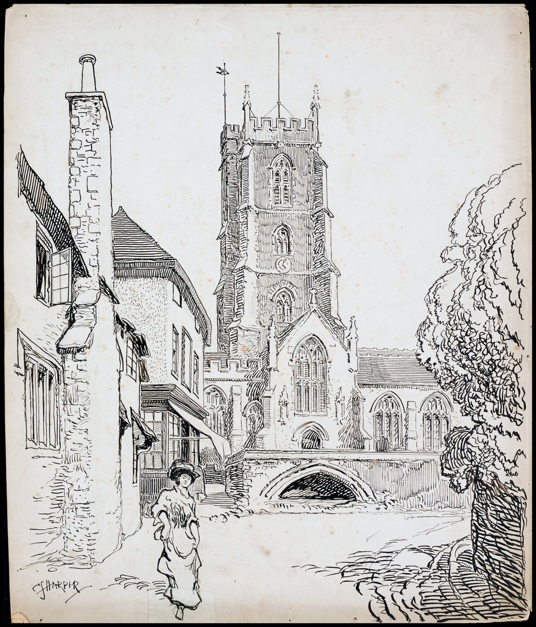 Näkymä etelästä Priory Church of St George, Dunster, Somerset tekijältä Charles George Harper