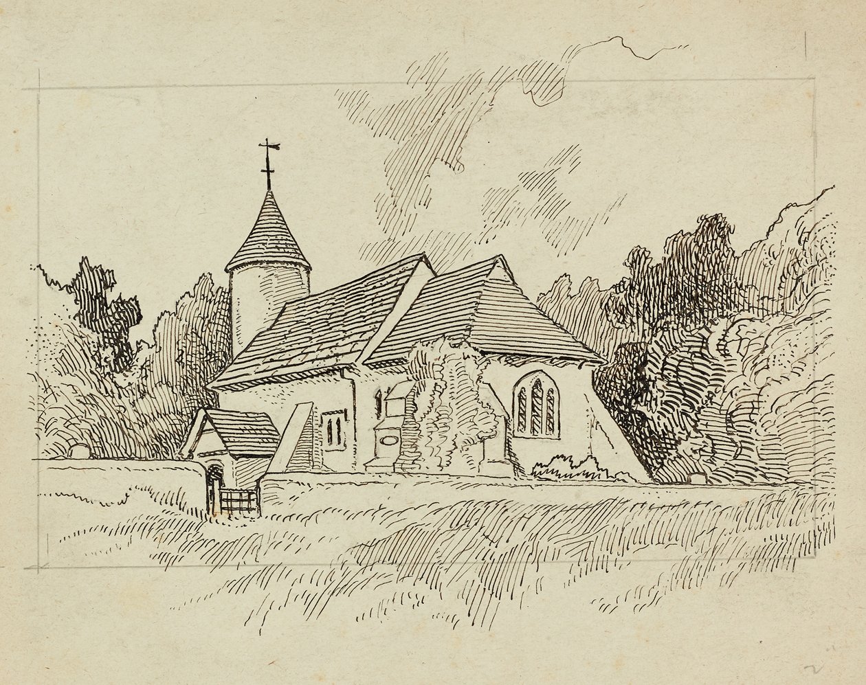 Vista exterior de uma igreja não identificada (caneta e tinta no papel) finlandesa tekijältä Charles George Harper