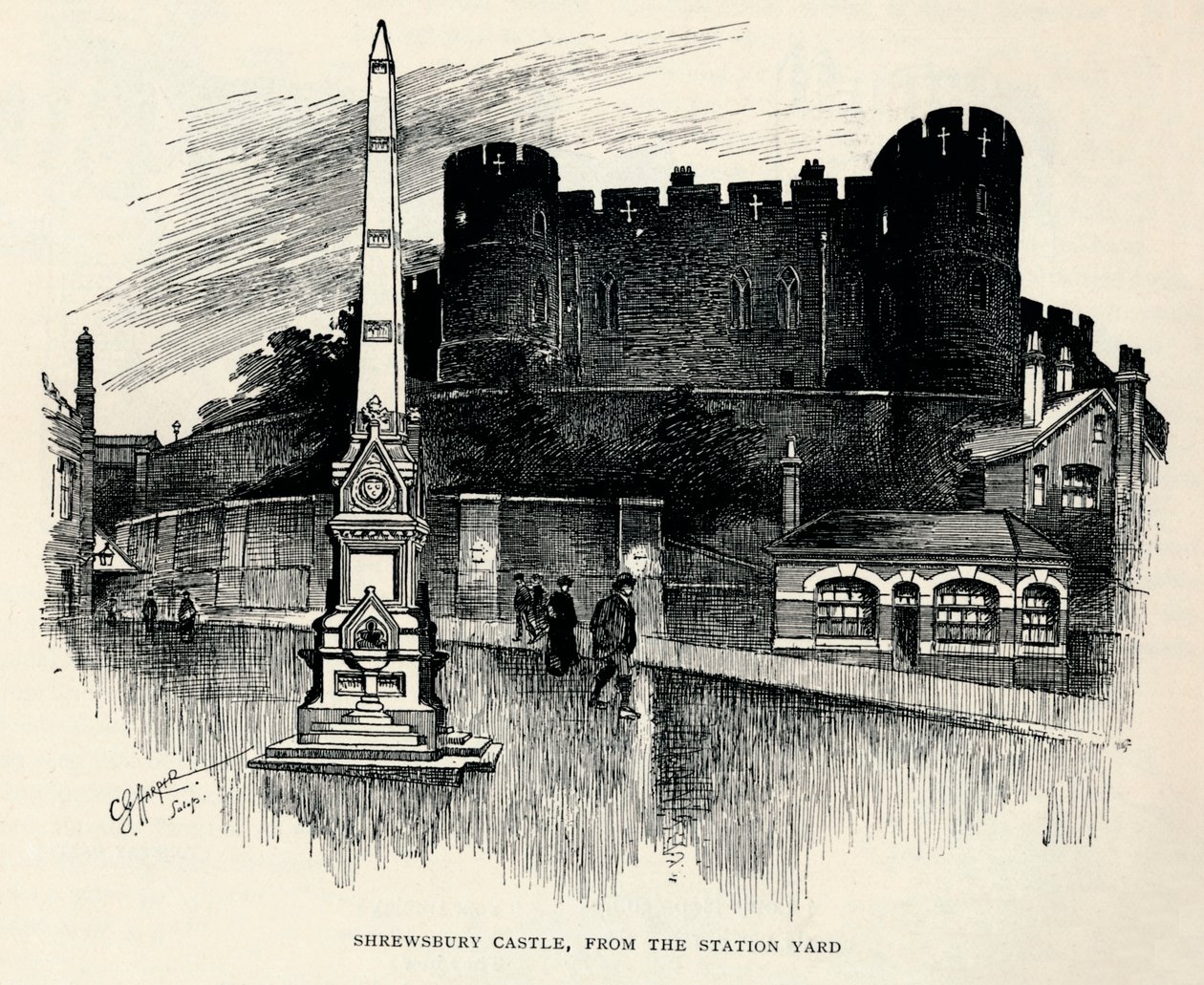 "Shrewsbury Castle, aseman pihalta", c1893, 1894 tekijältä Charles George Harper