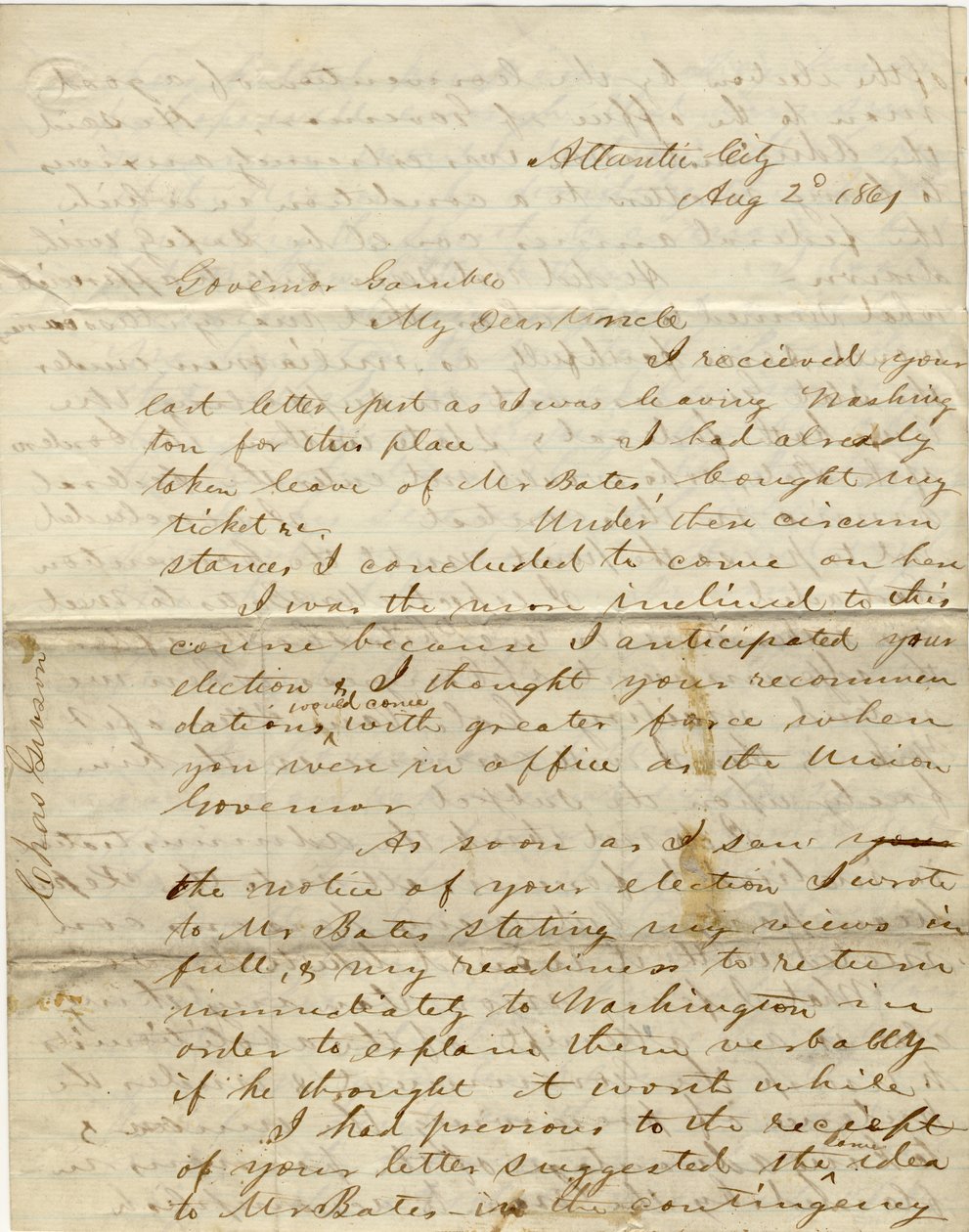 C.Gibsonin (Charles Gibson), Atlantic City, allekirjoittama kirje kuvernööri Gamblelle [Hamilton R.Gamble], 2. elokuuta 1861 tekijältä Charles Gibson