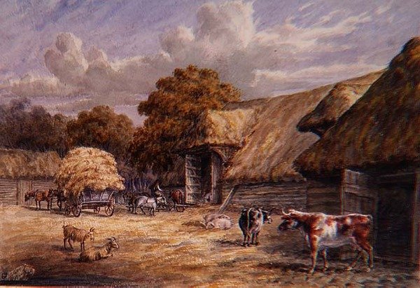 Mr. Harrisonin Barton Farmin maatila, Bucklandissa lähellä Doveria, brittiläisten maisemien albumista tekijältä Charles Gier White