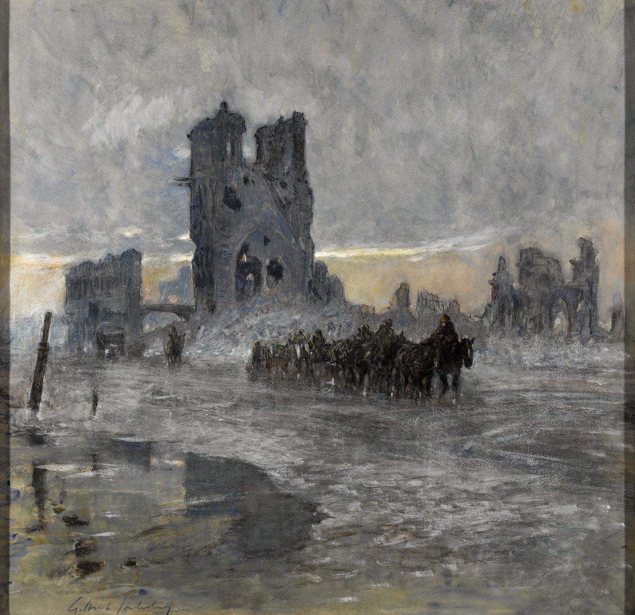Hevosvetoiset kuljetukset, mahdollisesti tykistön juna, ohittamassa raunioitunutta kangashallia, Ypres tekijältä Charles Gilbert Holiday