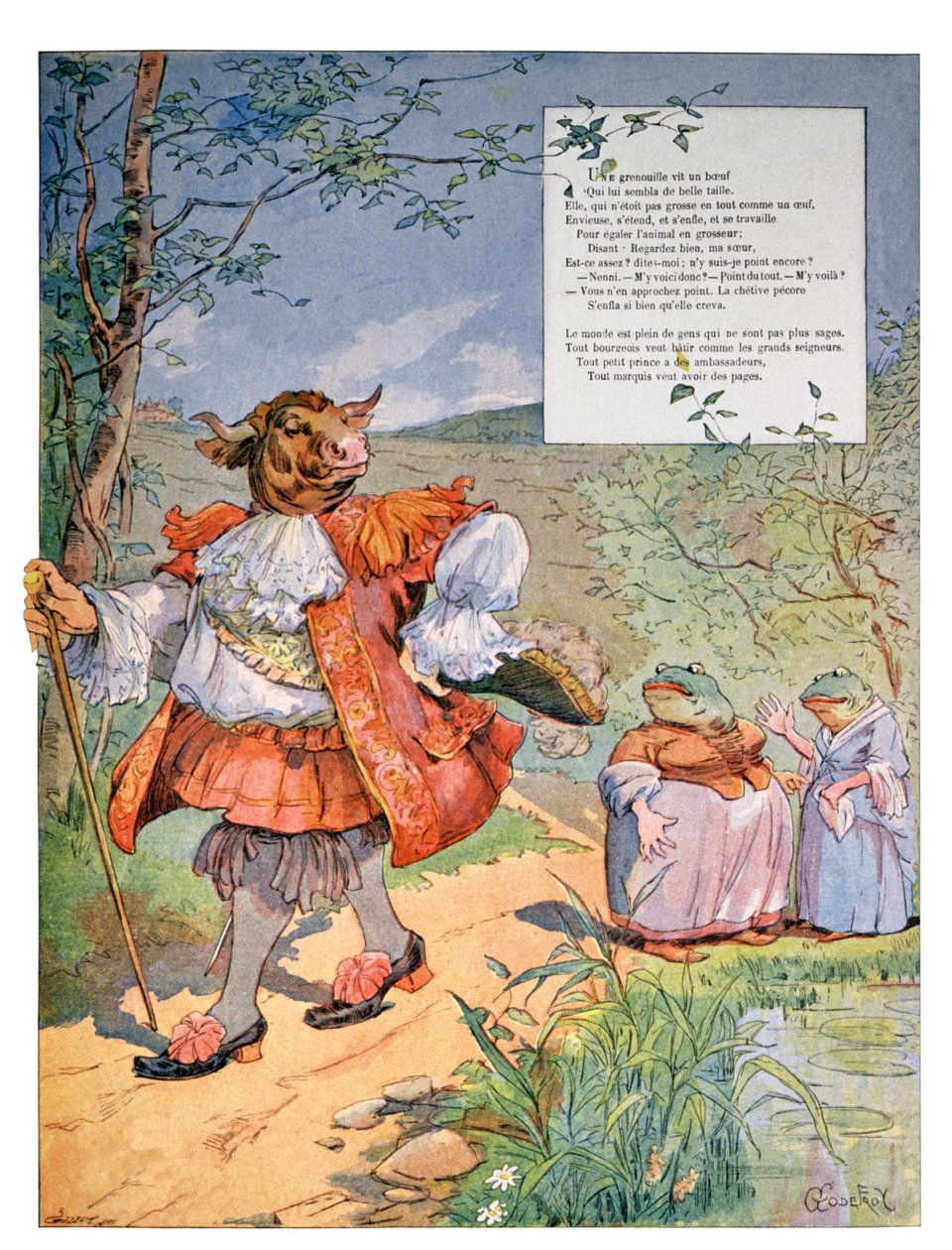 Sammakko, joka halusi olla yhtä suuri kuin härkä, noin 1900 (kaiverrus). tekijältä Charles Gillot
