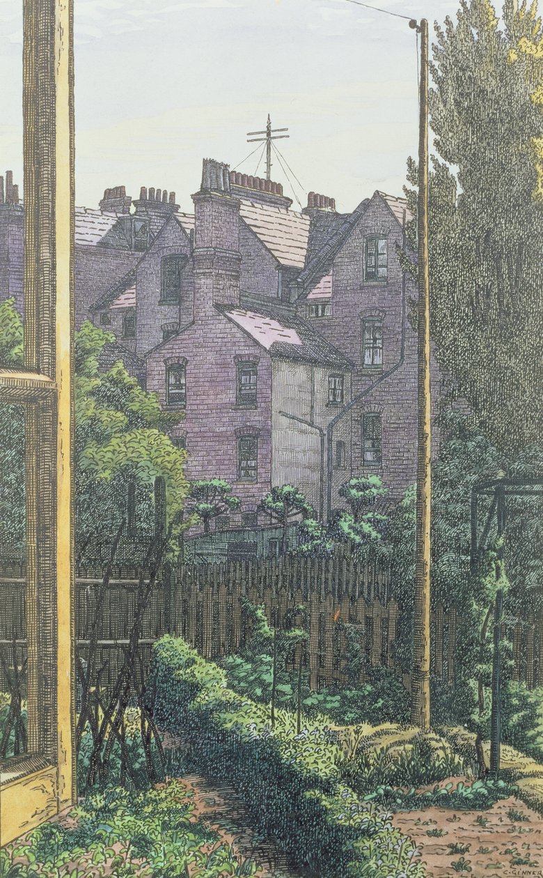 London Back Garden (kynä, muste ja akvarelli paperille) tekijältä Charles Ginner