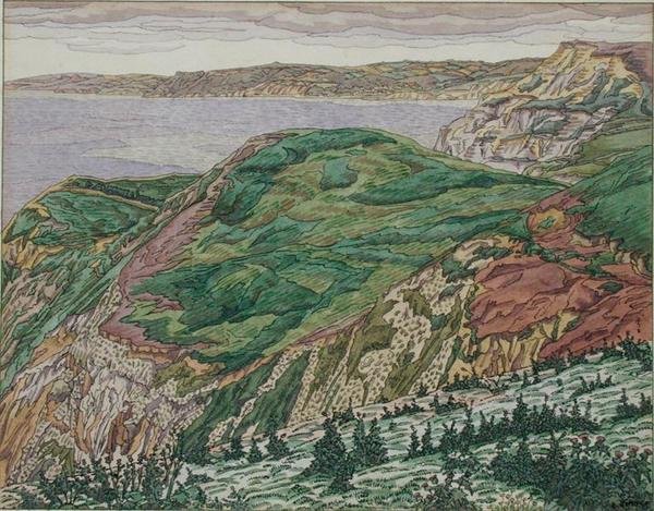 Dorset Coast, n. 1927 (kynä & muste ja akvarelli paperille) tekijältä Charles Ginner