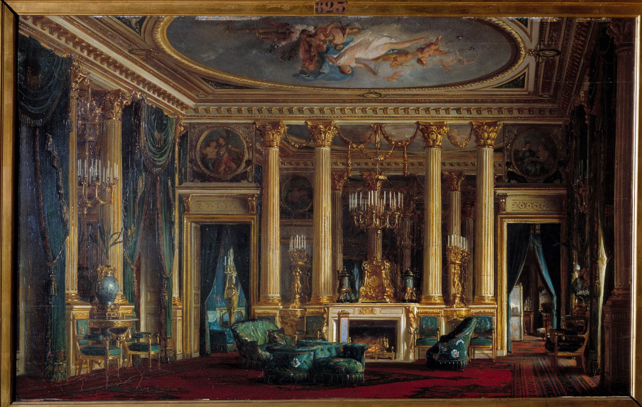 Olohuoneen sisustus herra ja rouva vanhemman kanssa. Sebastien Charles Giraudin (1819-1892) maalaus 1866 Compiegne, Musee national du chateau tekijältä Charles Giraud