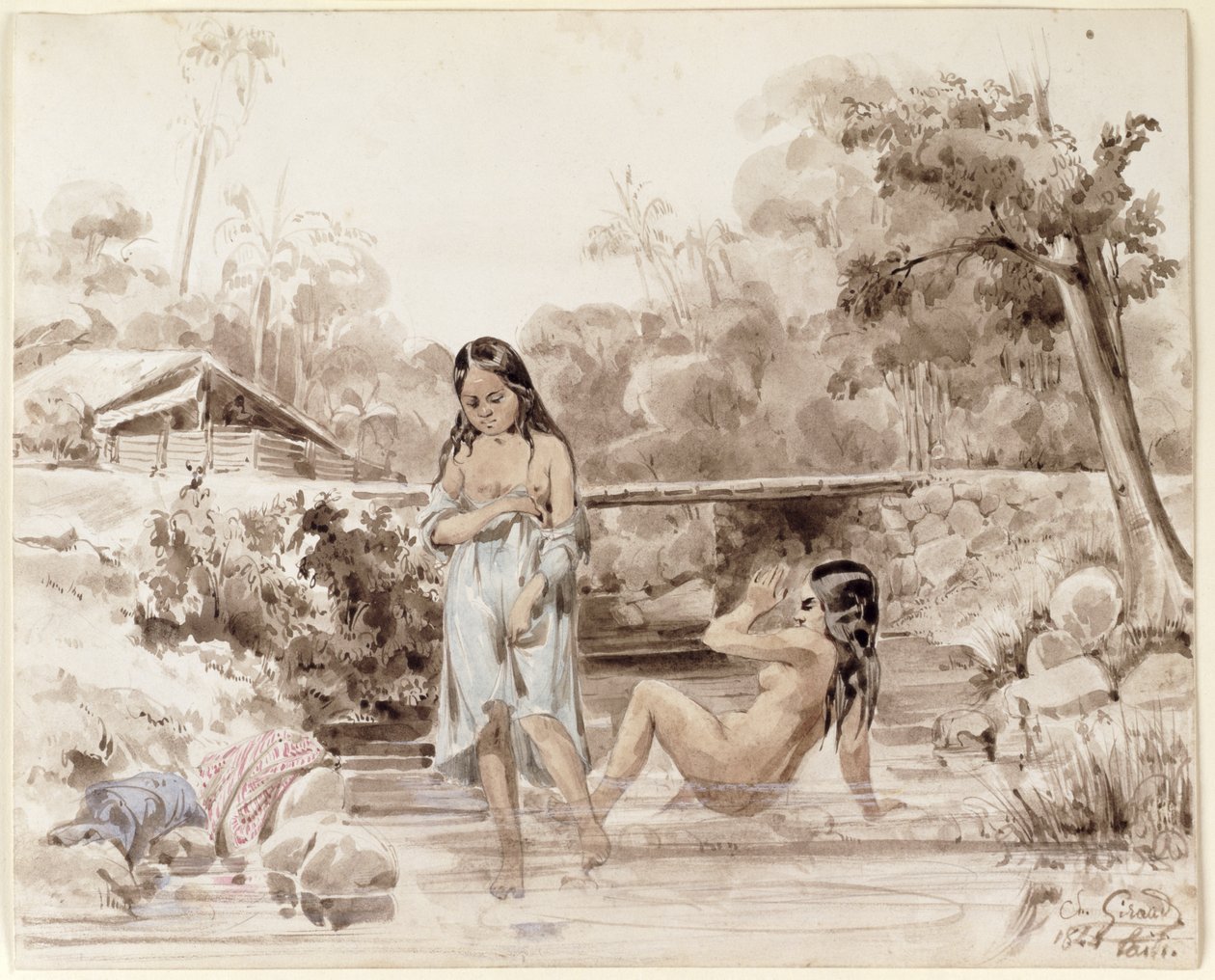 Tahitians Bathing, 1844 (kynä ja pesu paperille) tekijältä Charles Giraud