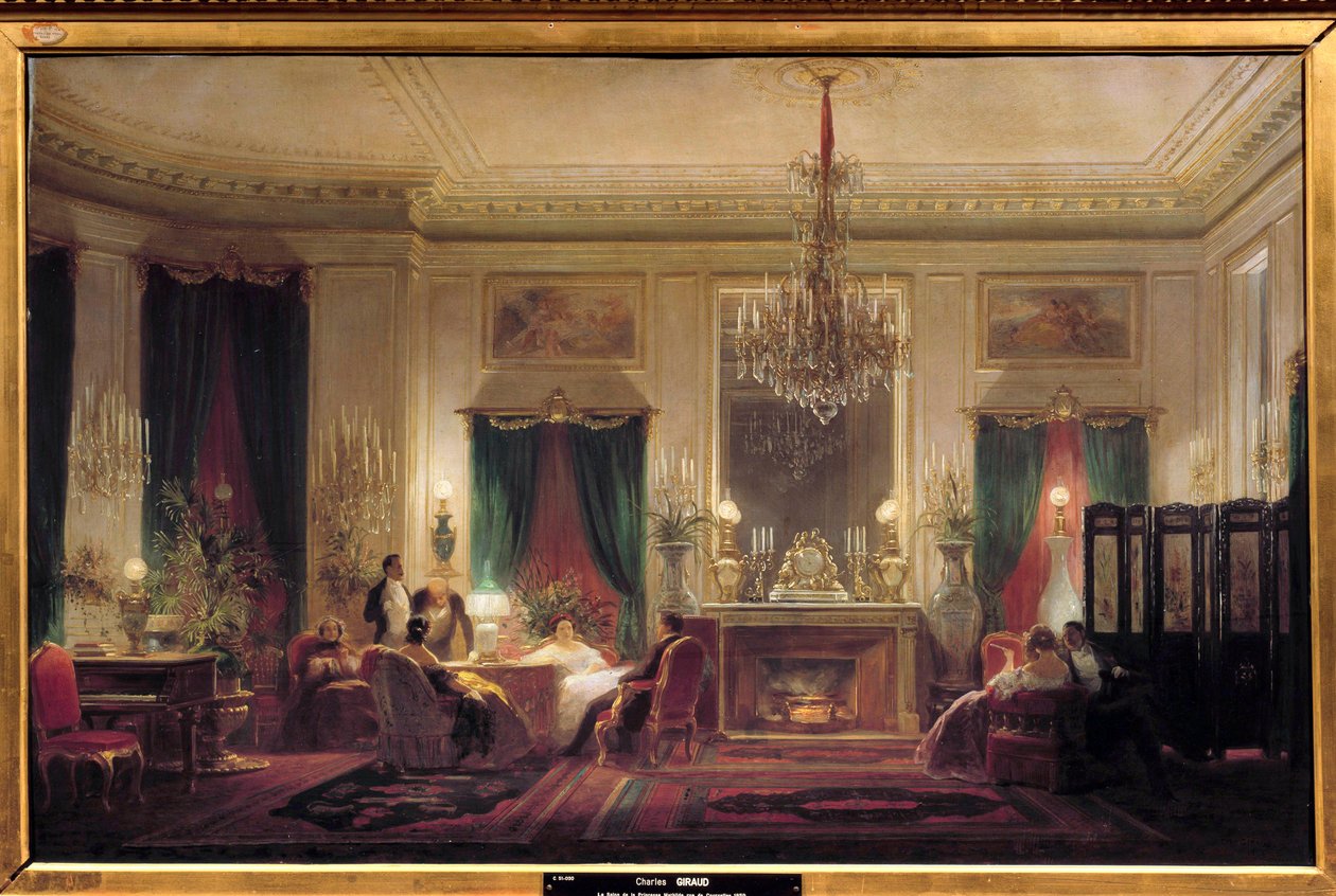 Prinsessa Mathilde Letizia Bonaparten (1820-1904) salonki, rue de Courcelles Sebastien Charles Giraudin (1819-1892) maalaus 1859 su. 0,63 x 1 m. Compiegne, musee du chateau - Prinsessa Mathilde Letizia Bonaparten (1820-1904) kartanon sisällä, Rue tekijältä Charles Giraud