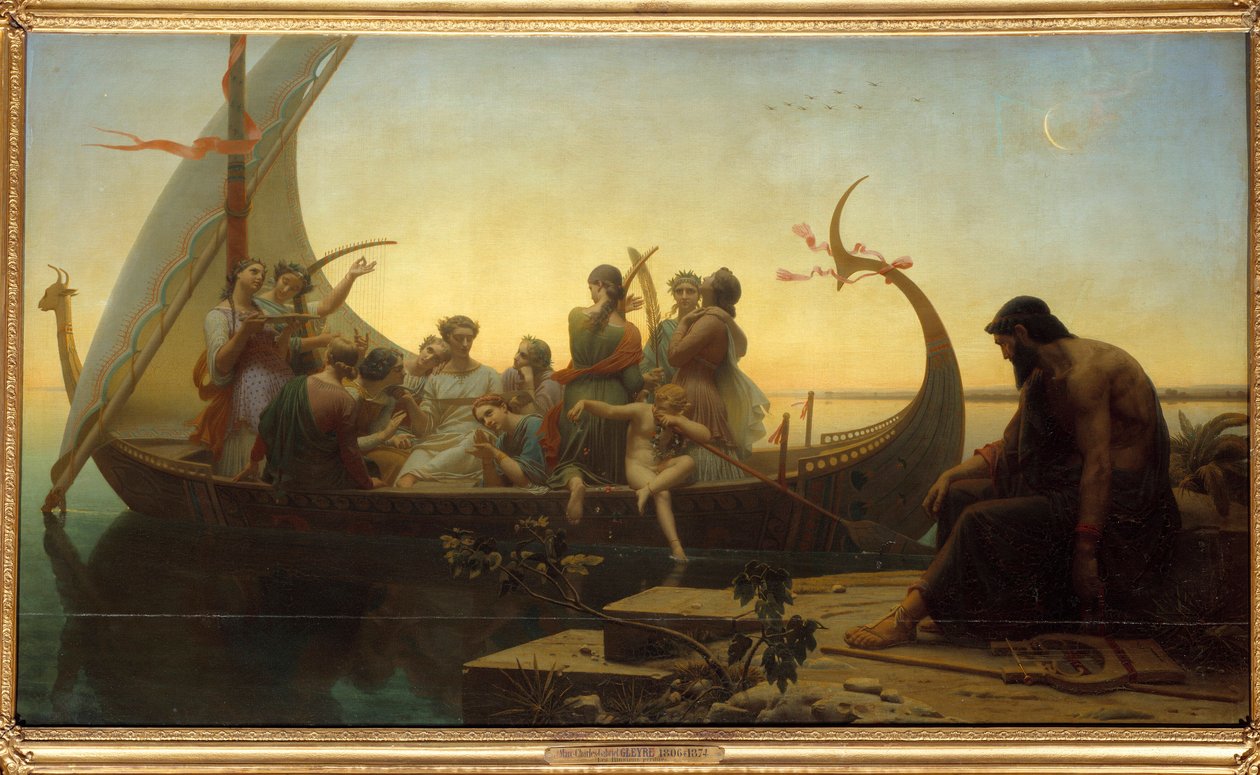 Kadonneet illuusiot tai ilta Allegorinen kohtaus, joka kuvaa hahmoja lähtevällä drakkarilla, mies jää telakkaan lyyran kanssa. Charles Gleyren (1806-1874) maalaus 1800-luvun aurinko. 1,56x2,38 m tekijältä Charles Gleyre