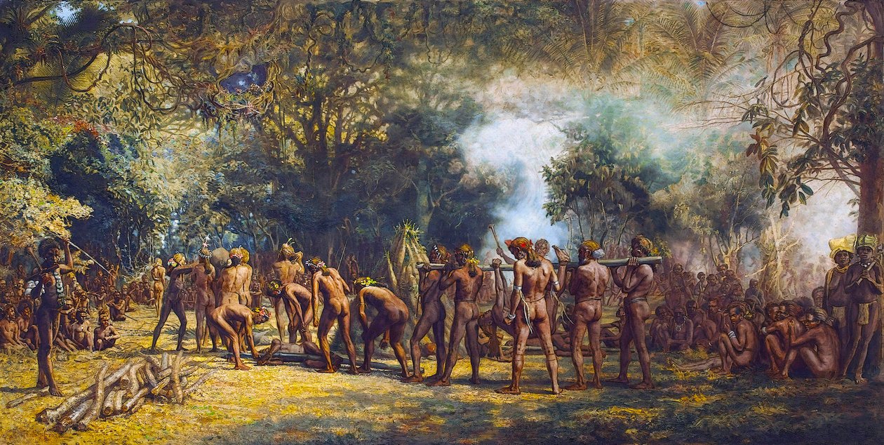 Kannibaalijuhla Tannan saarella, Vanuatu n. 1887 (öljy kankaalle) tekijältä Charles Gordon Frazer