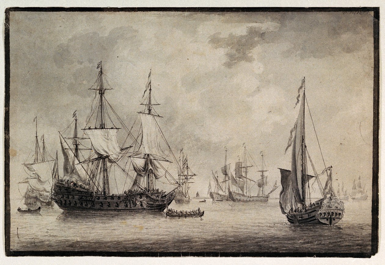 Hollantilainen sotalaiva, valtiojahti ja kaukaista laivaliikennettä satamassa, 1700-luvun loppupuoli (kynä, tussi) tekijältä Charles Gore