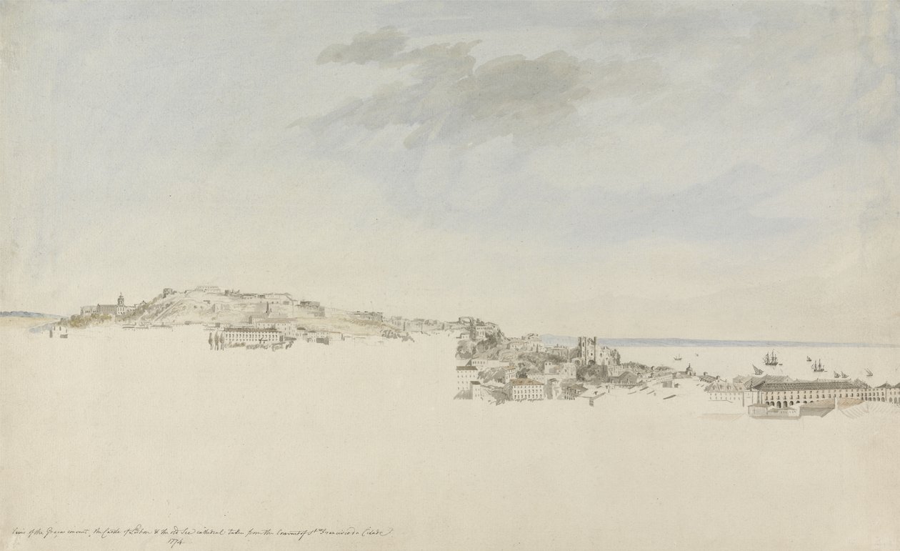 Lissabon, St. Francis da Citadelin luostarista, 1774 (wc, kynä ja muste grafiitin päällä paperilla) tekijältä Charles Gore