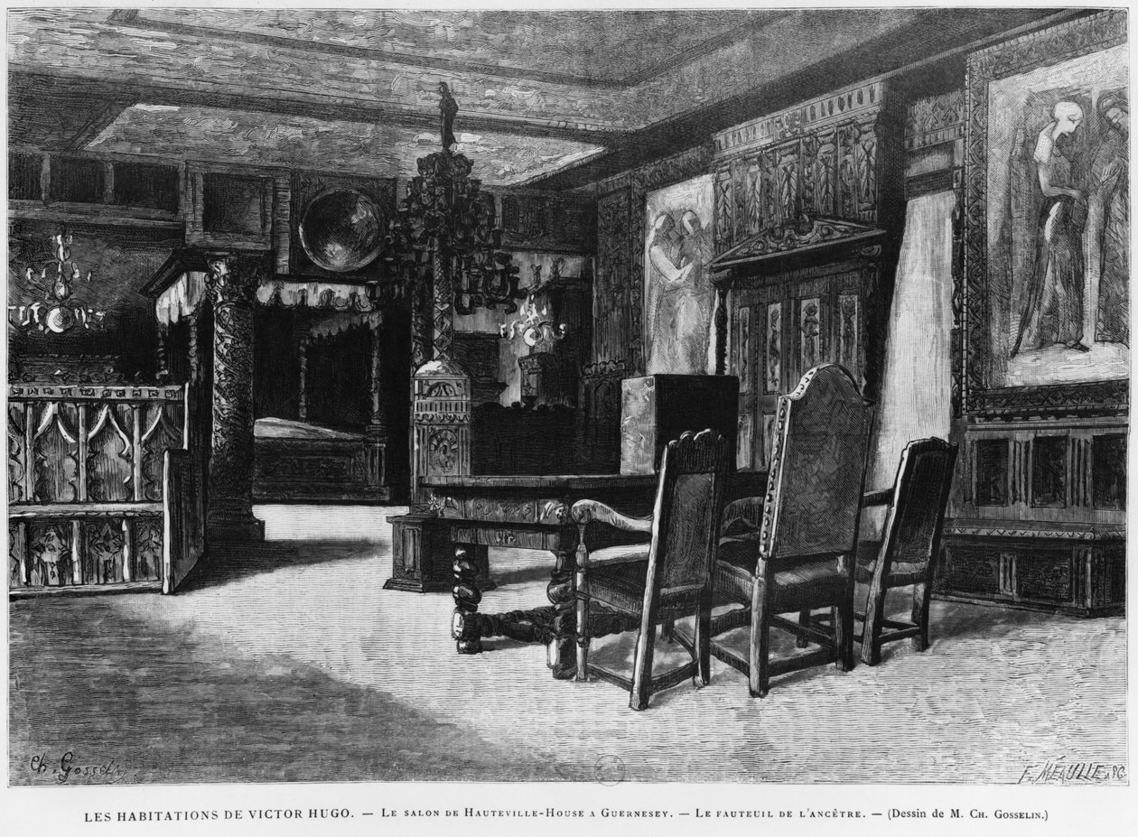 Victor Hugon kodit, oleskelutila Hauteville-talossa Guernseyssä, esi-isän nojatuoli, Fortune Louis Meaullen (1844-1901) kaiverrus tekijältä Charles Gosselin