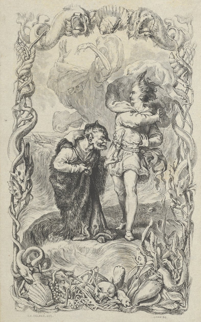 Kuvitus myrskyyn: Caliban, Ferdinand ja Ariel, 1836. tekijältä Charles Gray