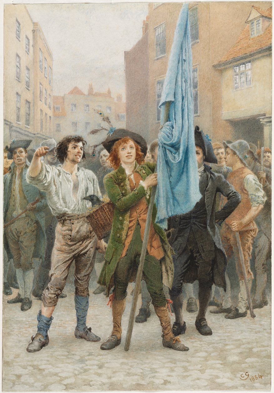Barnaby Rudge auttoi johtamaan Gordonin mellakoita, 1884. tekijältä Charles Green