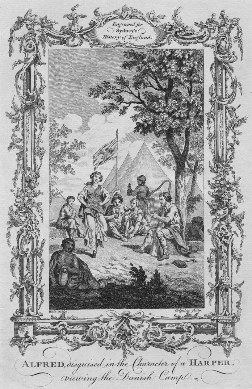 Alfred, naamioitunut Harperin hahmoon, katselemassa tanskalaista leiriä, 1773. tekijältä Charles Grignion