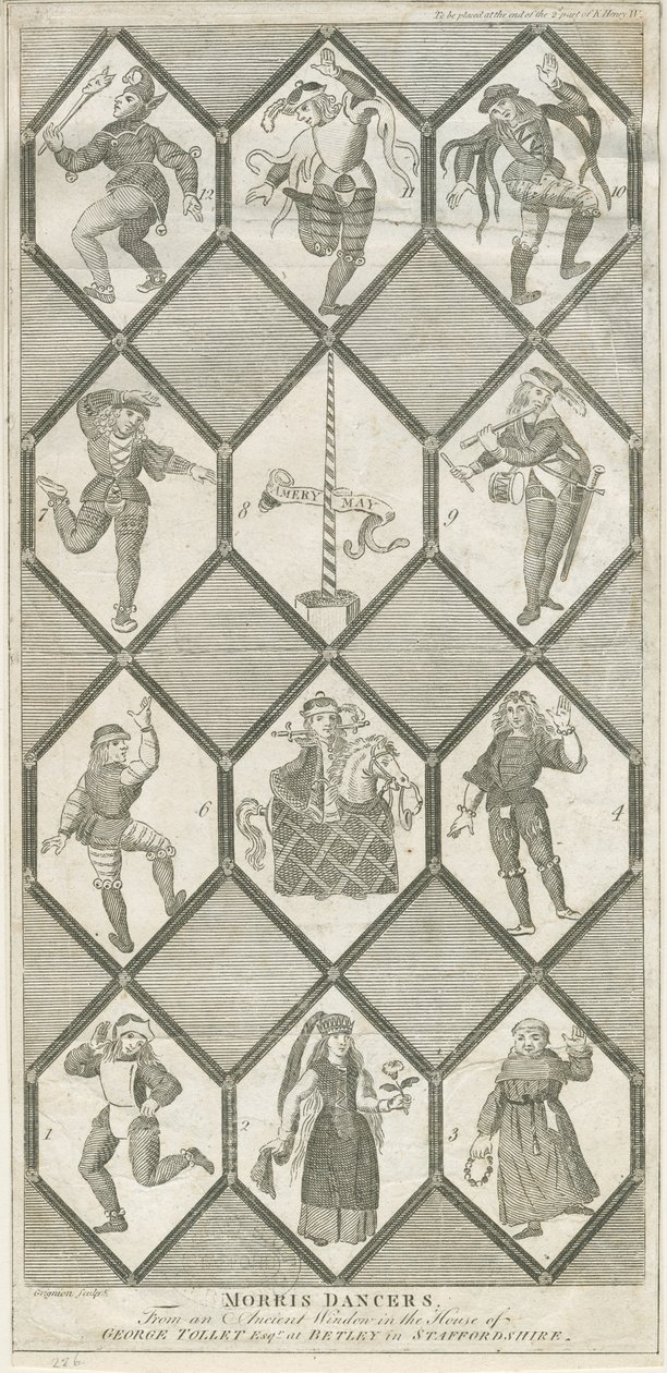 Betley Glass Window - Morris Dancers: kaiverrus ja [?1700-luku] (painettu) tekijältä Charles Grignion