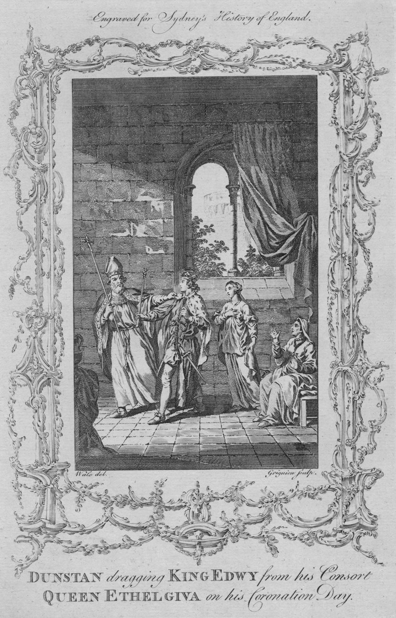 Dunstan raahasi kuningas Edwyn puolisostaan kuningatar Ethelgivasta hänen kruunauspäivänä vuonna 1773. tekijältä Charles Grignion