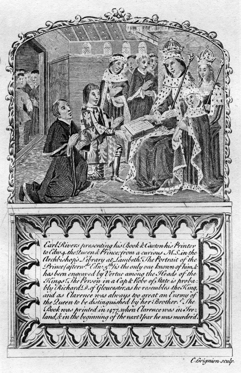 Earl Rivers esittelee kirjansa kuningas Edward IV:lle, c1477 1700-luvun lopulla tai 1800-luvun alussa tekijältä Charles Grignion