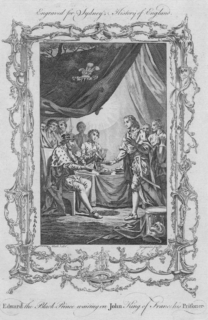 Edward Musta Prinssi odottaa Johnin Ranskan kuningasta vankiaan, 1773. tekijältä Charles Grignion