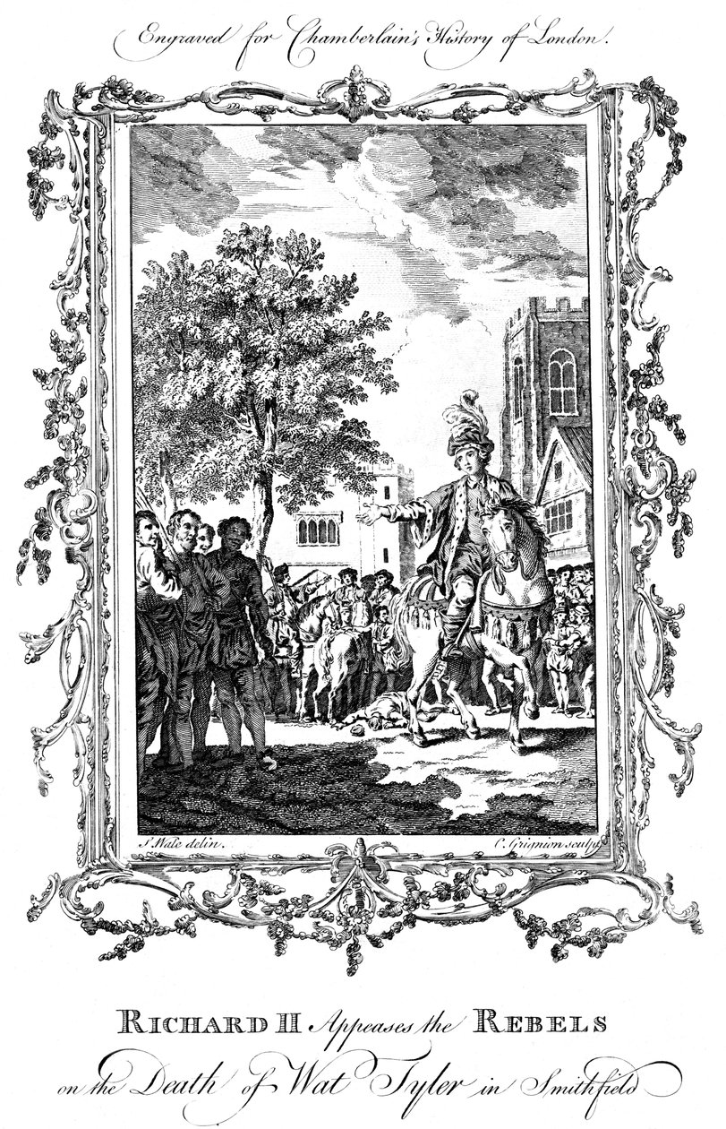 Kuningas Richard II rauhoittaa kapinallisia Wat Tylerin kuolemalla Smithfieldissä 1800-luvulla. tekijältä Charles Grignion
