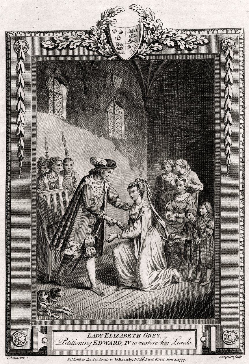 Lady Elizabeth Grey anoo Edward IV:ltä maansa ennallistamista, 1400-luku, 1777 tekijältä Charles Grignion