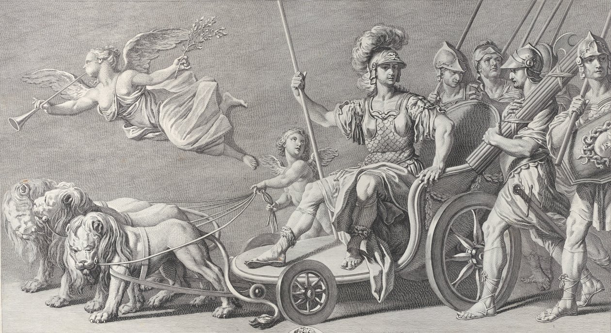 Mars kolmen leijonan vetämillä vaunuilla, 1749. tekijältä Charles Grignion