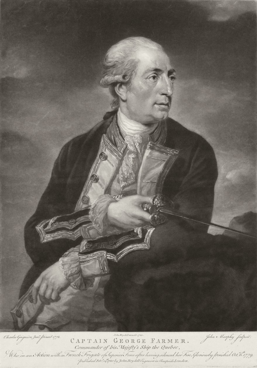 Muotokuva George Farmerista (1732-79), HMS "Quebecin" kapteenista, kaivertaja John Murphy, julkaisija John Boydell (1719-1804) 1780. tekijältä Charles Grignion