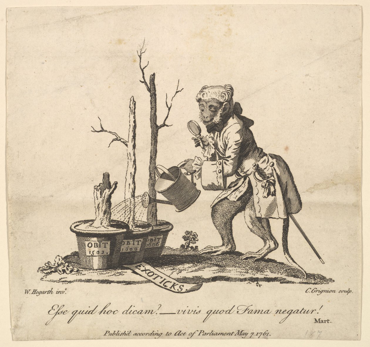 Kevätpuutarhassa 7. toukokuuta 1761 näytellyn kuvaluettelon takakappale. tekijältä Charles Grignion