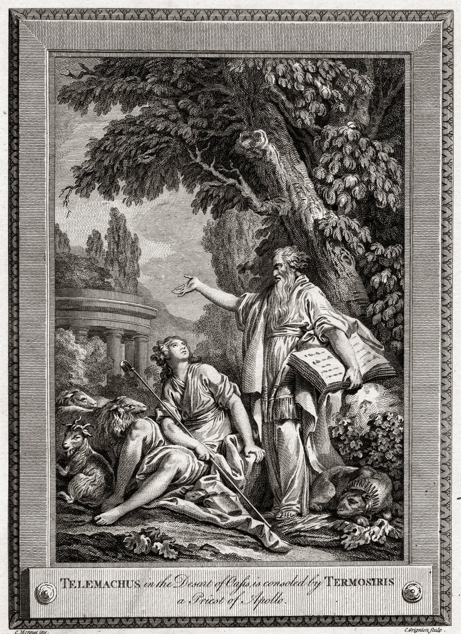 Keidaan autiomaassa sijaitsevaa Telemachusta lohduttaa Termosiris, Apollon pappi, 1774. tekijältä Charles Grignion