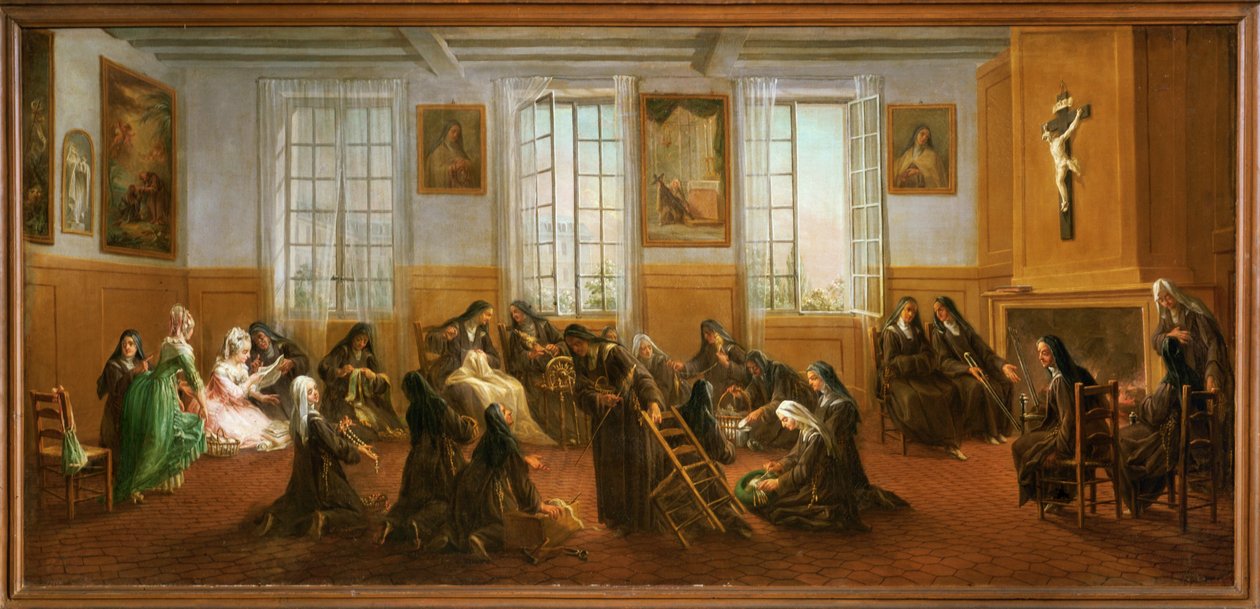 Karmeliittanunnat lämmittelysalissa (maalaus) tekijältä Charles Guillot