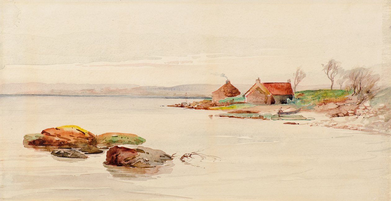 Rannikkokohtaus mökeillä (akvarelli) tekijältä Charles Gustav Louis Phillips