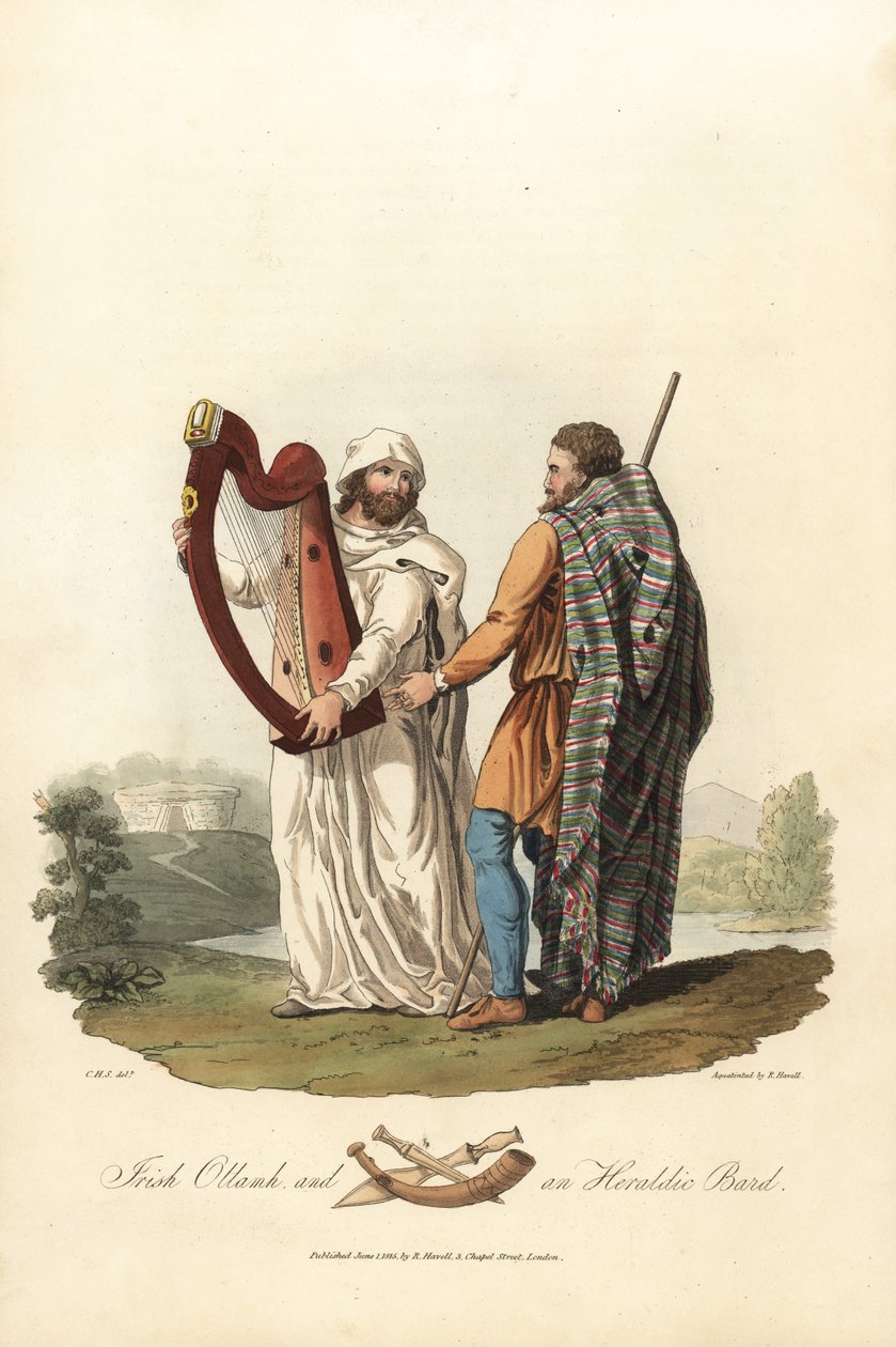 Irlantilainen ollamh ja heraldinen bardi, esiroomalainen aikakausi. ,1821 (kaiverrus) tekijältä Charles Hamilton (after) Smith