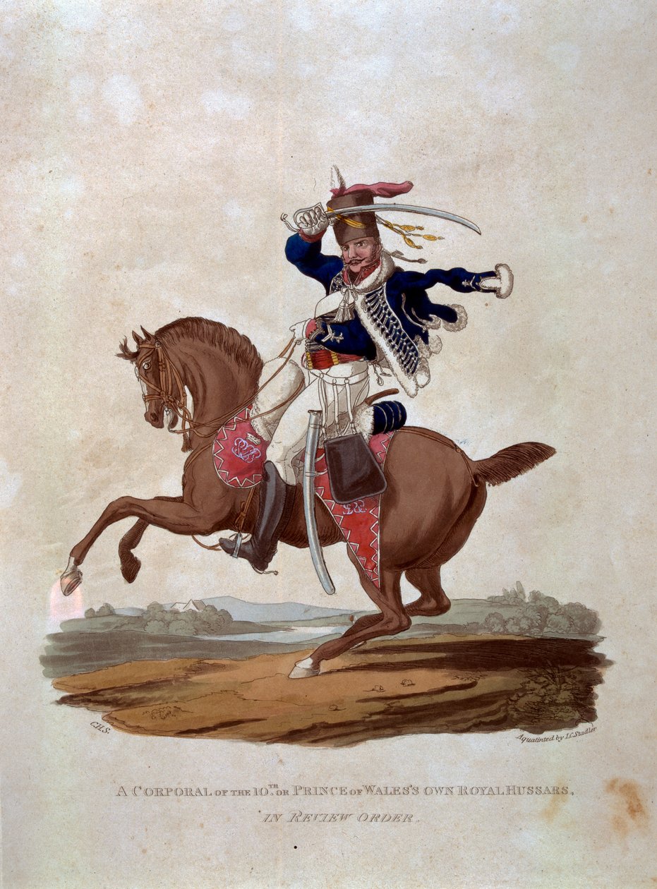 10. korpraali eli Walesin prinssin omat kuninkaalliset hussarit arvostelujärjestyksessä, teoksesta "British Imperiumin armeijan puvut, viimeisten säännösten mukaan 1812", kaiverruksen on tehnyt J.C. Stadler, pubi tekijältä Charles Hamilton Smith
