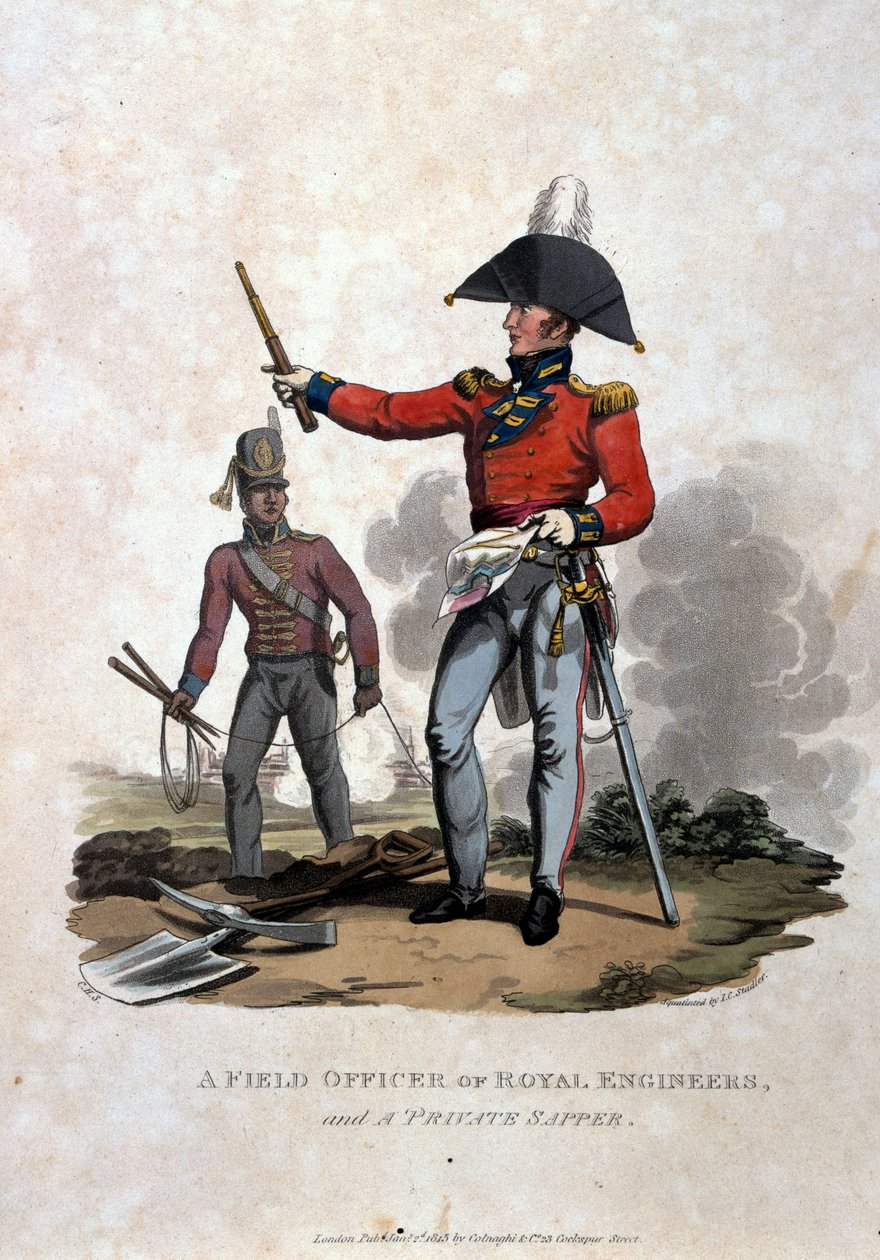 Kuninkaallisten insinöörien kenttäupseeri ja yksityinen sapööri, Colnaghi und Co. 1812–1815 julkaisijasta Costumes of the Army of the British Empire, viimeisten säännösten mukaan 1812 (värillinen aquati) tekijältä Charles Hamilton Smith