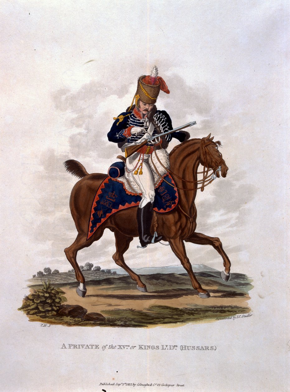 Private of the 15th, tai Kings Hussars, teoksesta "British Imperiumin armeijan puvut, viimeisten määräysten mukaan 1812", kaiverrettu J. C. Stadler, julkaissut Colnaghi und Co. 1812-15 (väri) tekijältä Charles Hamilton Smith