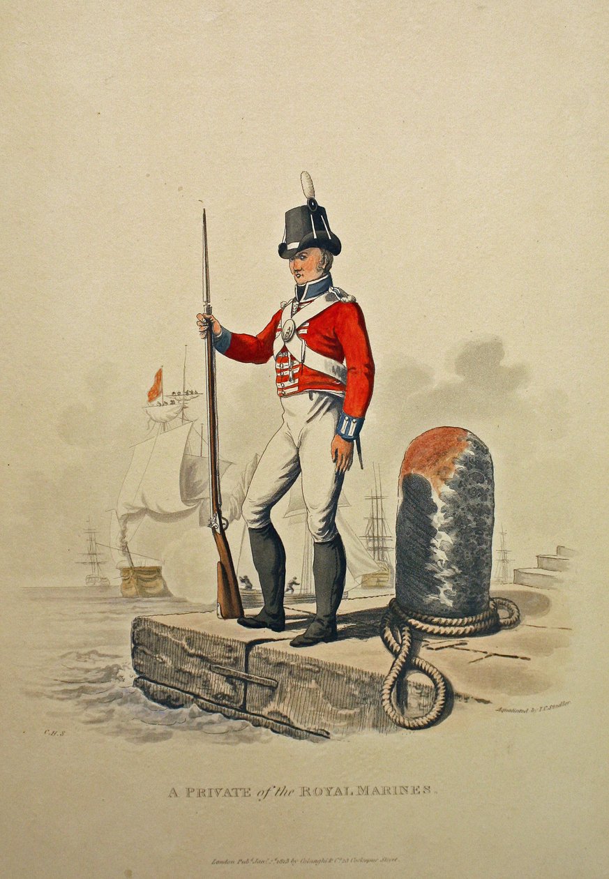 Kuninkaallisen merijalkaväen sotilas, kaivertaja Joseph Constantine Stadler, julkaistu 1815 (akvatintti). tekijältä Charles Hamilton Smith