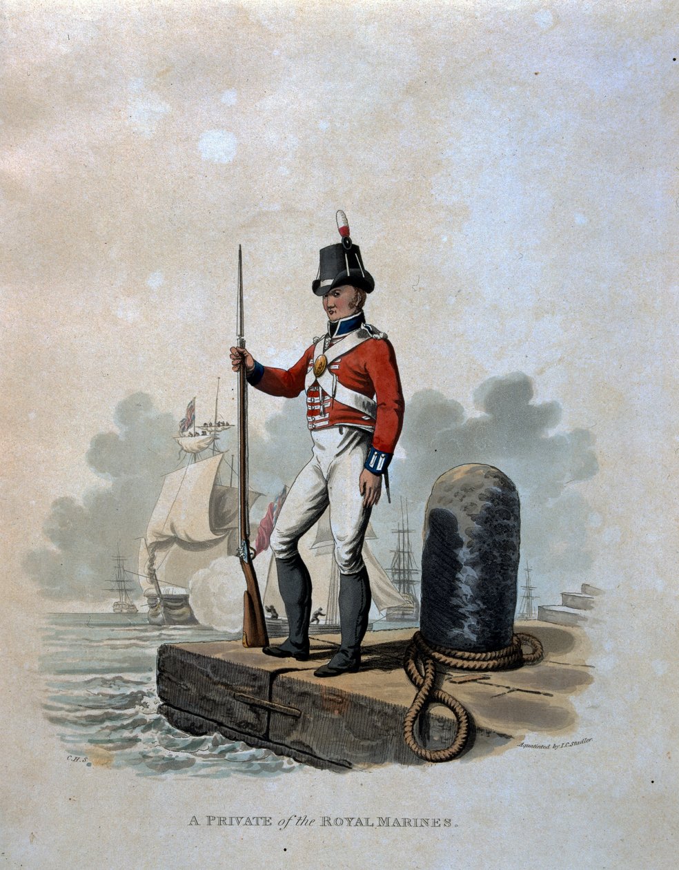 Kuninkaallisten merijalkaväen sotamies, teoksesta "British Imperiumin armeijan puvut, viimeisten määräysten mukaan 1812", kaiverrettu J.C. Stadler, julkaissut Colnaghi und Co. 1812-15 (värillinen aquat) tekijältä Charles Hamilton Smith