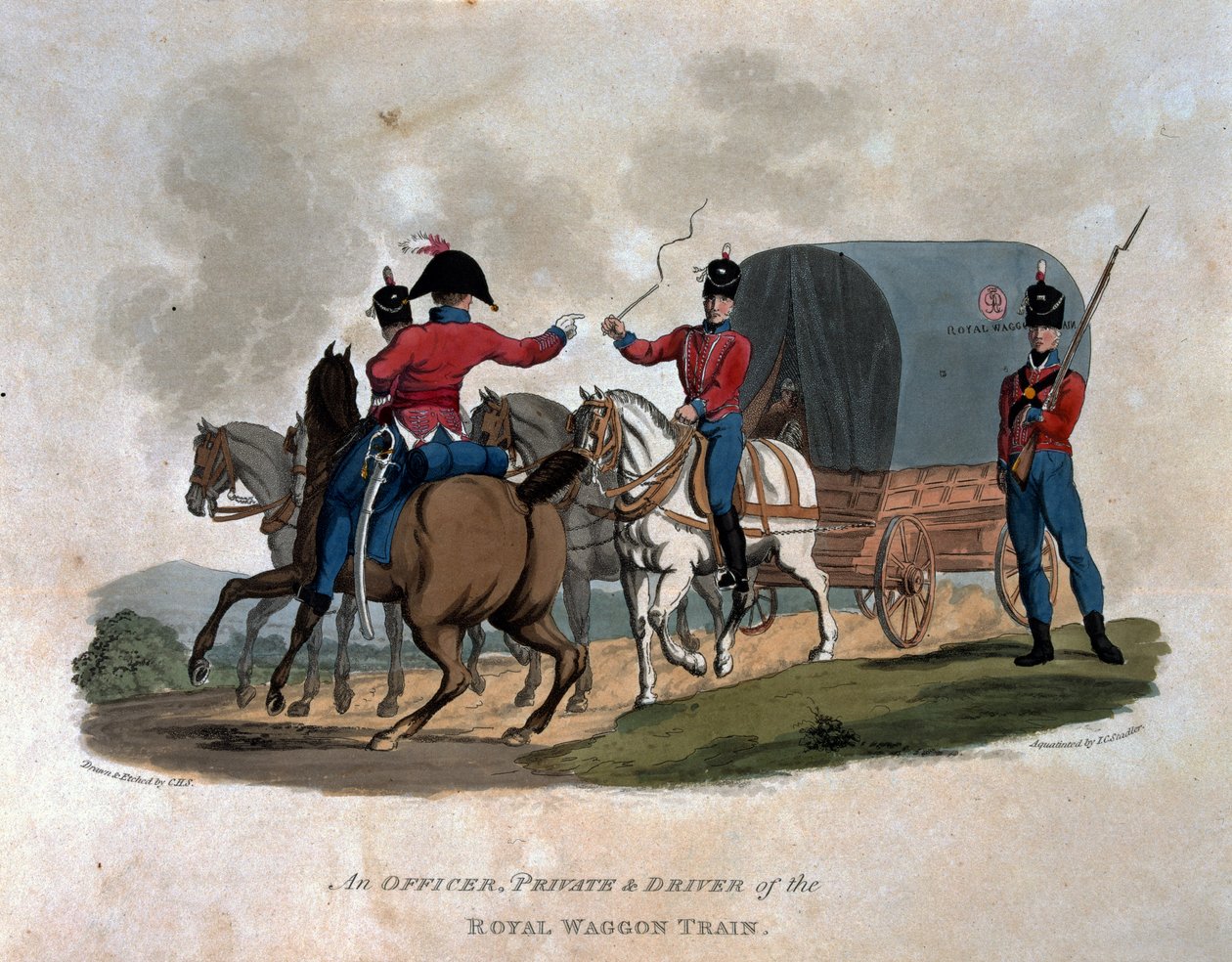 Upseeri, sotamies ja kuninkaallisen vaunujunan kuljettaja julkaisusta "British Imperiumin armeijan puvut, viimeisten säännösten mukaan 1812", kaiverrettu J. C. Stadler, julkaisija Colnaghi und tekijältä Charles Hamilton Smith