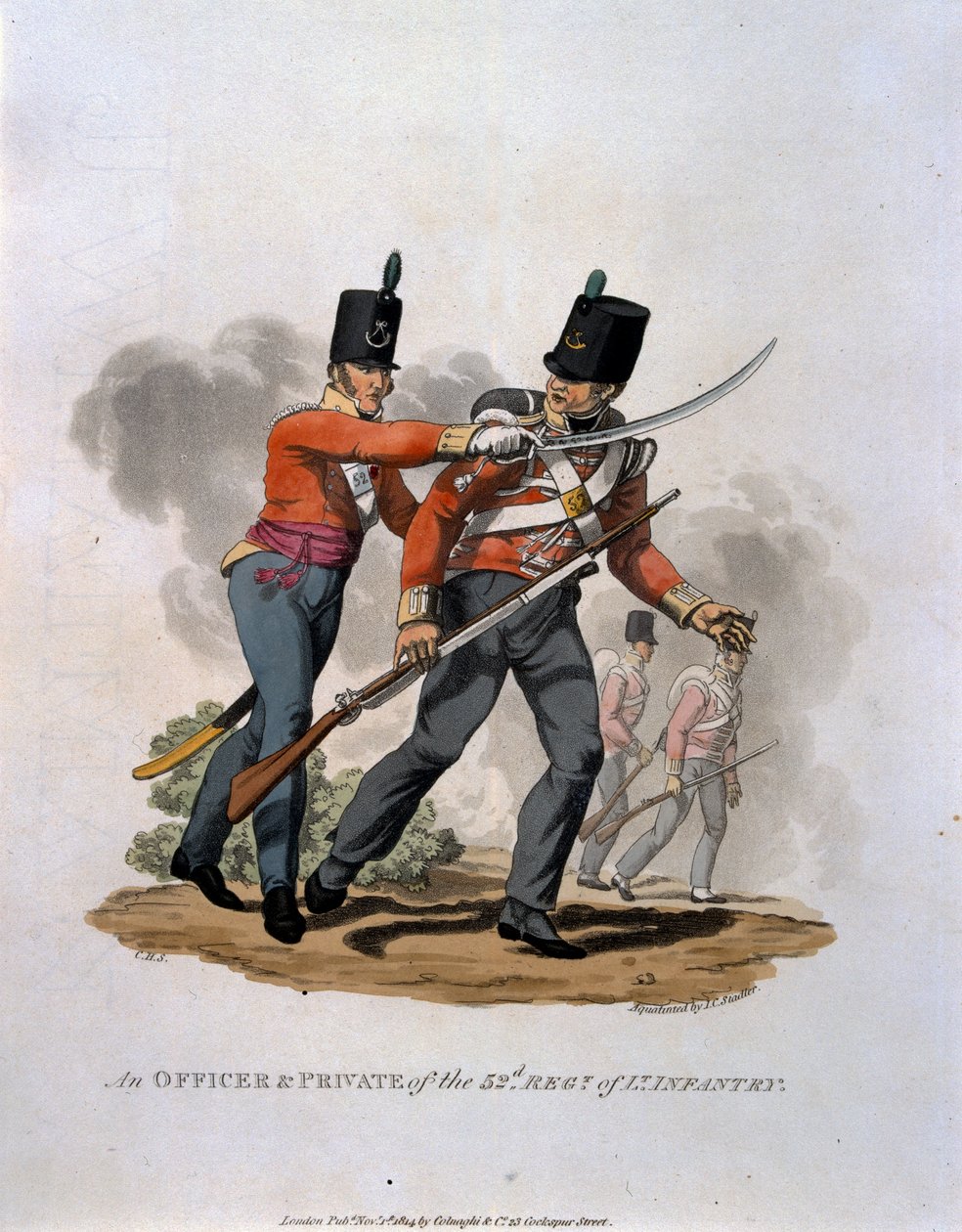 Upseeri ja sotamies 53. kevytjalkaväkirykmentistä, teoksesta "British Imperiumin armeijan puvut, viimeisten määräysten mukaan 1812", kaiverrettu J. C. Stadler, julkaisija Colnagh tekijältä Charles Hamilton Smith